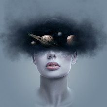 Fantasy Art Portrait Of Young Woman With Head In Galaxy Outer Space