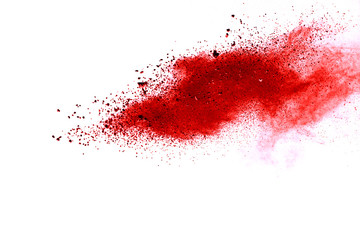 Red dust particle splash isolated on white background.