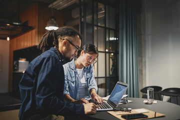 Wall Mural - Two diverse young businesspeople working on a laptop