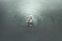Illustration Of Aerial View Of Man Paddling On A Canoe In The Water, Minimal Summer Sport Concept