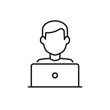 © Andrii - Blogger or user with laptop computer on remote work from home office line vector icon. Editable stroke symbol of a person at the desk with a workstation at his own workspace in coworking or home V1