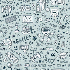  Gadget icons Vector Seamless pattern. Hand Drawn Doodle Computer Game items. Video Games Background
