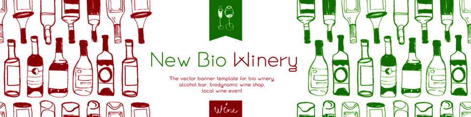 Produce natural Organic Wines. Horizontal  banner template of New Bio winery concept. Bottles seamless pattern with hand-drawn linear Illustrations for Biodynamic wine shop, restaurant website banner.