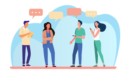 Wall Mural - Young people standing and talking each other. Speech bubble, smartphone, girl flat vector illustration. Communication and discussion concept for banner, website design or landing web page