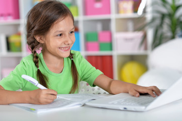 Poster - Portrait of concentrated little girl with laptop studying