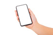 © Cherdchai - One Hand holding new smartphone on over white background. Smartphone isolate.