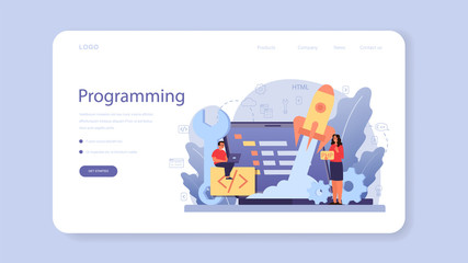 IT education web banner or landing page. Student write software