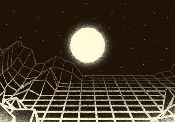 Poster - Retro dotwork landscape with 80s styled laser grid, planet, sun and stars background from old sci-fi book or poster