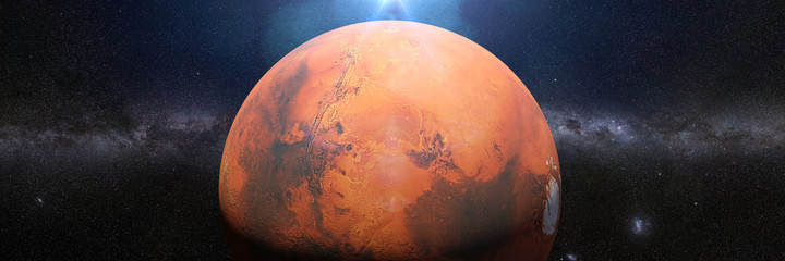 Wall Mural - mars, the fourth planet from the sun in empty space lit by the sun and the milky way galaxy