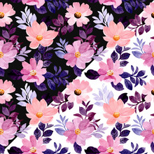 Watercolor Purple Floral Seamless Pattern With Black And White Background