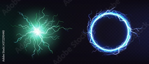 Cuadros en Lienzo Electric ball, round lightning frame, blue thunderbolt circle border, magic portal, energy strike