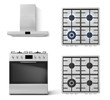 Gas stove with oven and cooker hood in front view isolated on white background. Vector realistic set of metal range hood and top view of kitchen cooktop with lit and off burners