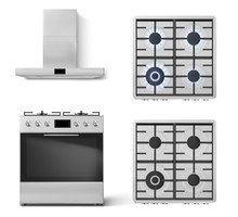 Gas Stove With Oven And Cooker Hood In Front View Isolated On White Background. Vector Realistic Set Of Metal Range Hood And Top View Of Kitchen Cooktop With Lit And Off Burners