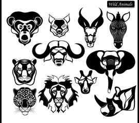 Wall Mural - Heads of wild beasts. Animals of Africa in black and white colors.