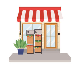 Wall Mural - store with tent and vegetables inside boxes on shelves design of Shop supermarket and market theme Vector illustration