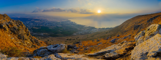 Panoramic sunrise view of the Sea of Galilee from Arbel