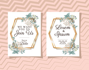 Wall Mural - Two wedding invitations with gold ornament frames and buds flowers and leaves on pink background design, Save the date and engagement theme Vector illustration