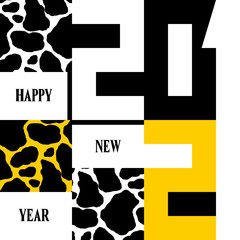 2021 happy new year and cow pattern Poster creative concept. Minimalistic trendy design template with geometric numbers 2021 for season celebration, cover, banner, logo, postcards.