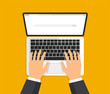 Open laptop and internet browser window on display. Hands are typing on computer keyboard. Web browser blank template in a modern 3d style. Top view. Vector illustration isolated on yellow background.