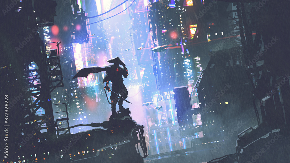 futuristic samurai standing on a building in cyberpunk city at rainy night, digital art style, illustration painting - obrazy, fototapety, plakaty 