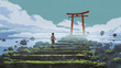 canvas print picture - young boy walking up the stairs to the Torii gate, digital art style, illustration painting