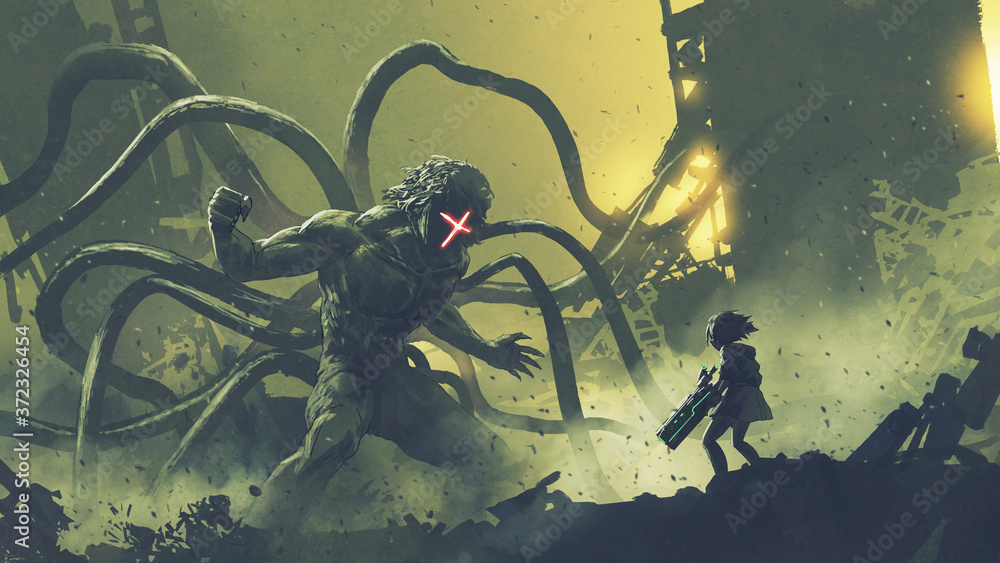 sci-fi scene of a girl facing the giant monster with tentacles, digital art style, illustration painting - obrazy, fototapety, plakaty 