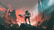 © grandfailure - knight with twin swords standing on the rubble of a burnt city, digital art style, illustration painting