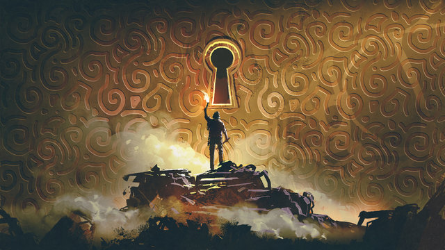 the adventure man with a torch standing and looking at a large keyhole on the brass wall, digital ar