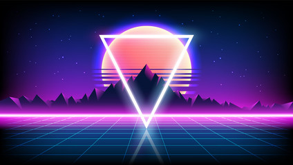 Wall Mural - 80s Retro Sci-Fi Background with Sunrise or Sunset night sky with stars, mountains landscape infinite horizon mesh in neon game style. Futuristic synth retrowave illustration in 1980s posters style.