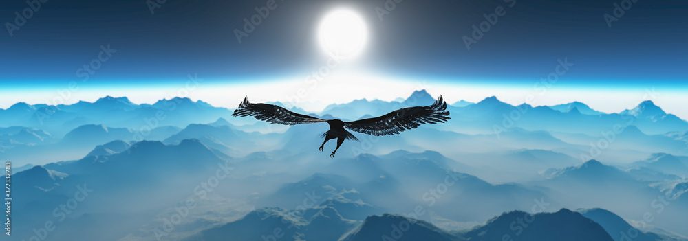 Eagle flying in the clouds at dawn - obrazy, fototapety, plakaty 