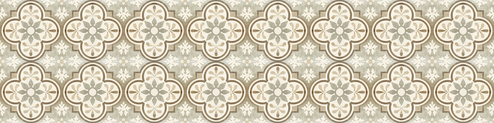Aufkleber - Seamless beige brown gray grey vintage retro geometric square mosaic motif cement tiles with flower leaves print texture background banner panorama