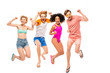 © LIGHTFIELD STUDIOS - Multiethnic friends in sunglasses and swimsuits showing yeah gesture while jumping isolated on white