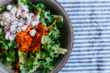 Wall Mural - Salade verte avec des radis à la crème ciboulette et des carottes râpées