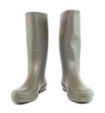 A Pair Of Clean Green Rubber Boots Standing Up, Isolated On White Background. Front View.