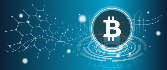 Bitcoin symbol with crypto currency themed background design. Modern neon color banner for BTC or bitcoin icon. Blockchain technology & trade exchange concept.