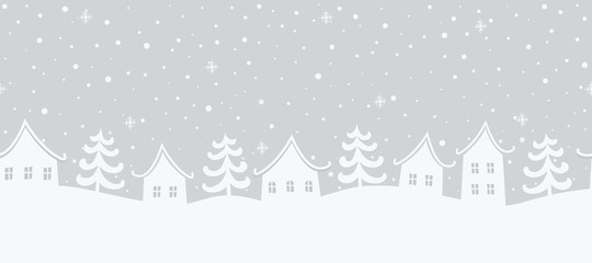 Christmas background. Winter landscape. Seamless border. There are white houses and fir trees on a gray background. Winter village. Vector illustration