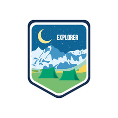 Sticker - shield badge with camping tents and snoe mountains, flat style