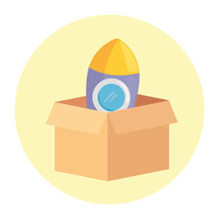 Sticker - child toy rocket on box carton, in round frame vector illustration design