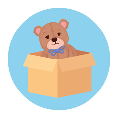 Wall Mural - toy teddy bear on box carton, in round frame vector illustration design