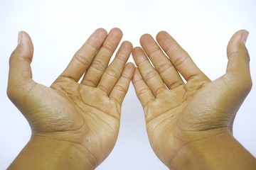 Palms up or praying hand, pray to God. Hand gesture for symbol in religion. 