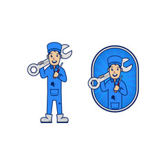 Mechanic repairman mascot logo icon character cartoon for business carry wrench and screwdriver