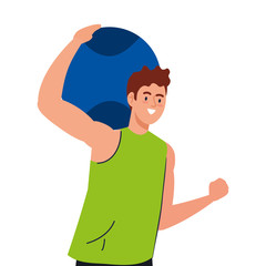 Poster - man practicing exercise with ball, sport recreation exercise vector illustration design