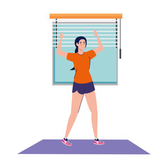 Sticker - woman practicing exercise in the house, sport recreation exercise vector illustration design