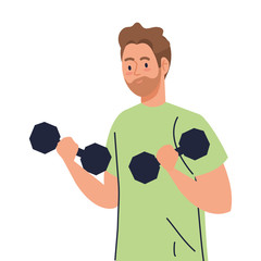 Poster - young man doing exercises with dumbbells, exercise sport recreation vector illustration design