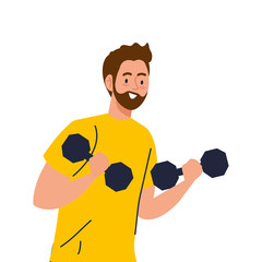 Sticker - man practicing exercises with dumbbells recreation exercise sport vector illustration design