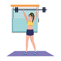 Wall Mural - woman doing exercises with weight bar in the house, sport recreation exercise vector illustration design