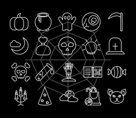 Canvas Print - happy halloween, trick or treat party celebration linear icons set dark background