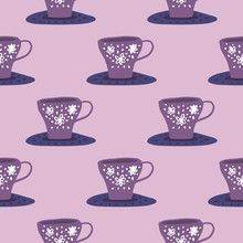 Simple Kitchen Ornament Pattern With Cups On Liquids. Purple And Lilac Palette. Stylized Doodle Print.