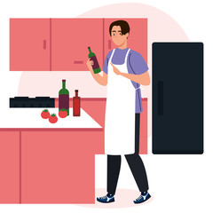 Wall Mural - man cooking using apron, in the kitchen scene vector illustration design