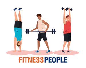 Sticker - banner fitness people, young men doing exercises, sport recreation exercise vector illustration design